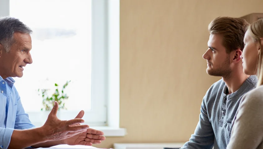 Врач-психиатр обсуждает план лечения биполярного аффективного расстройства с пациентом и его семьей